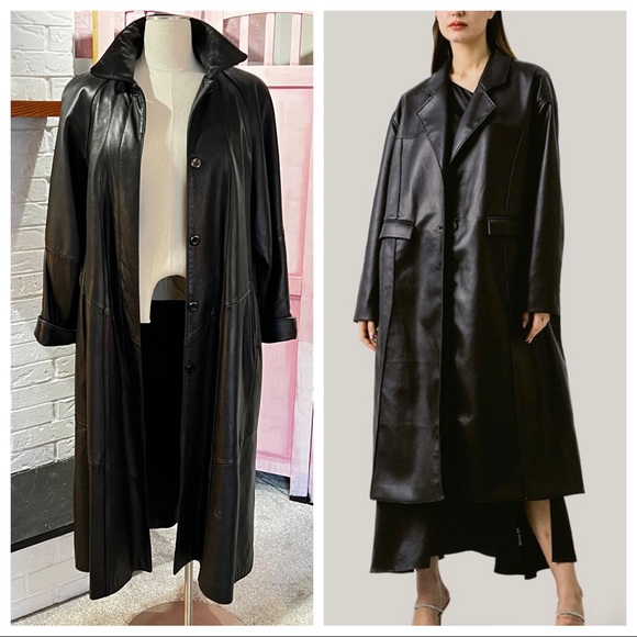 2X Black Leather Trench Long Coat EXCELLENT CONDITION